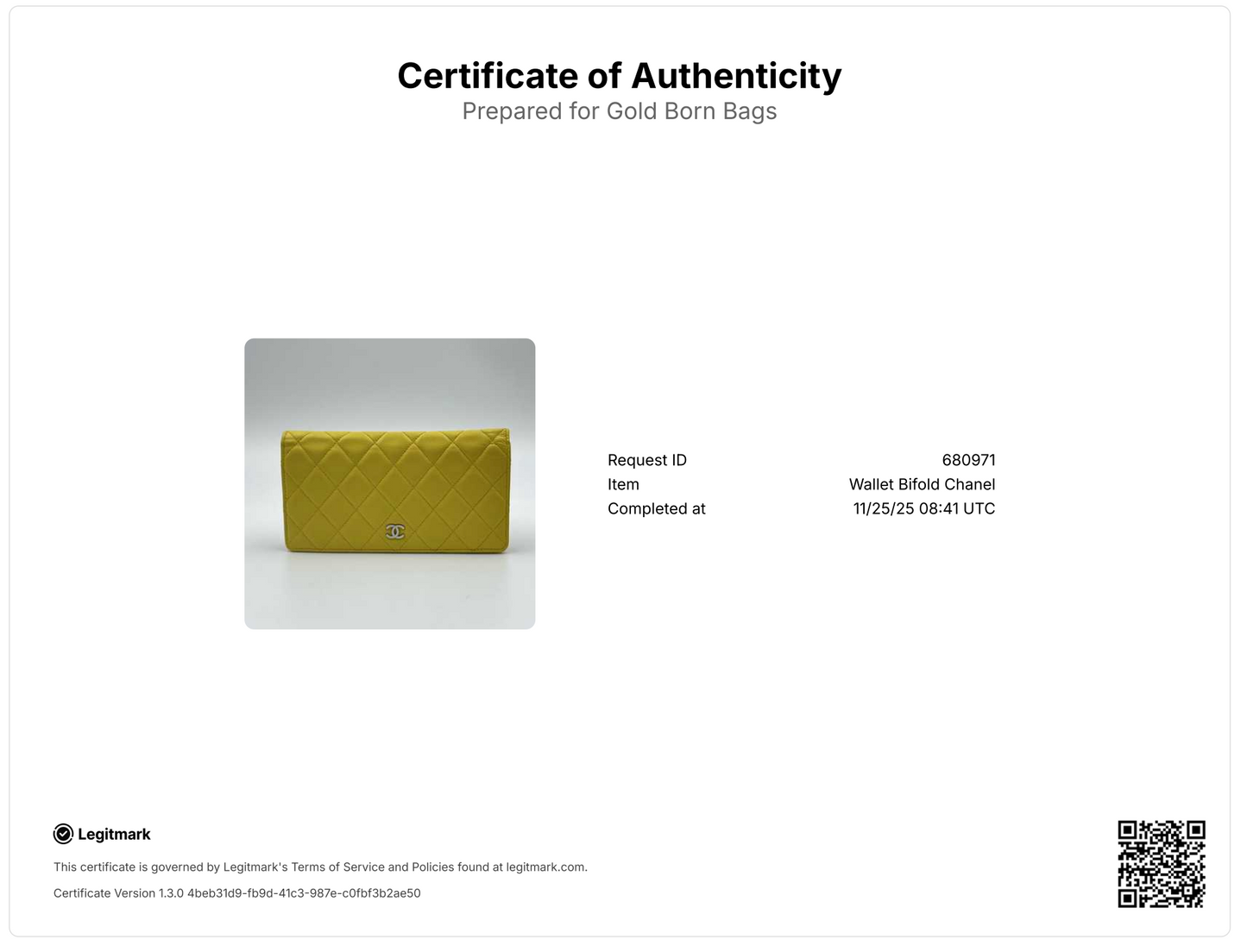 Yellow Quilted Leather CC Classic Bifold Long Wallet