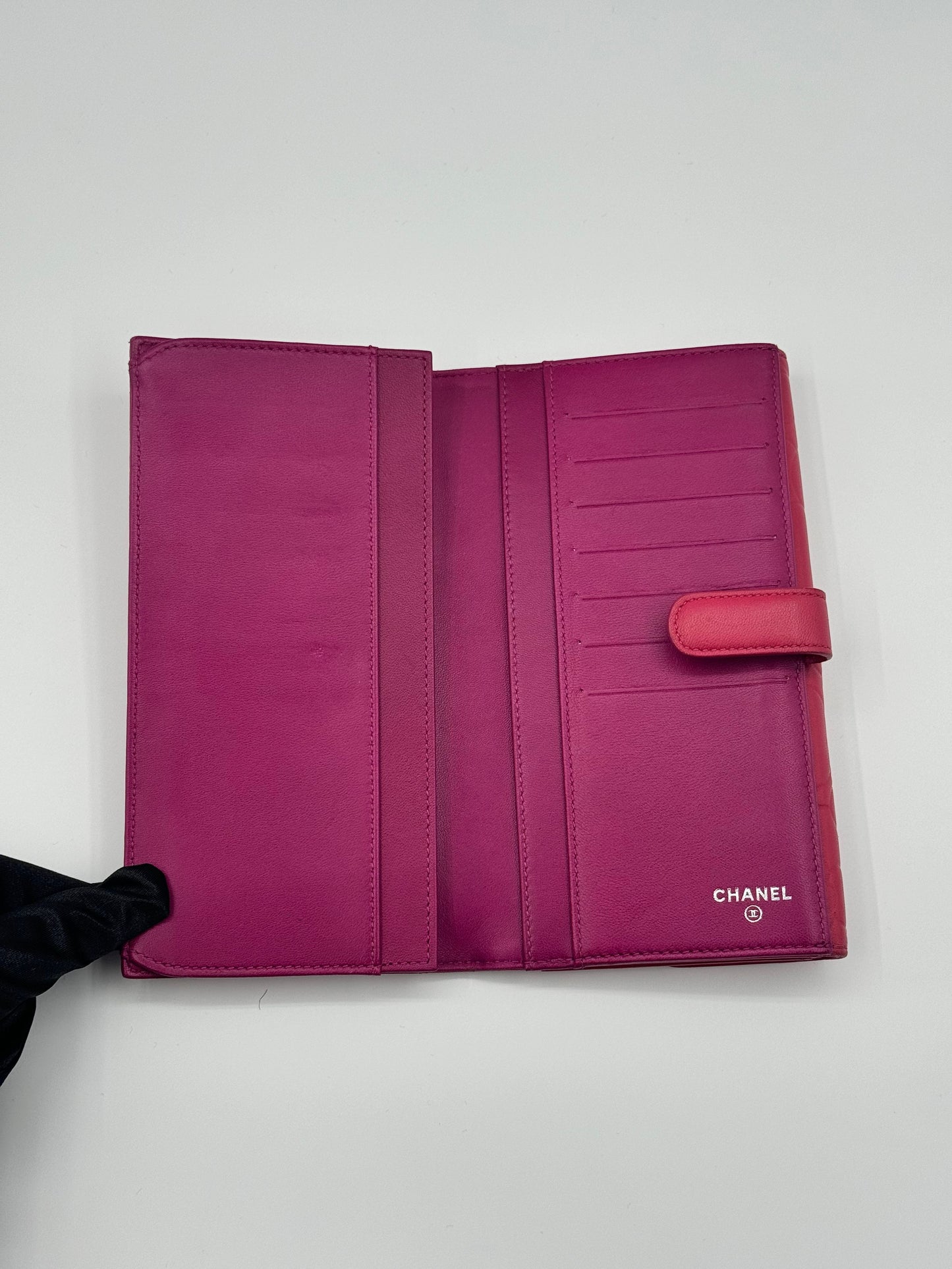 Lambskin Embossed Camellia Large Gusset Flap Wallet Pink