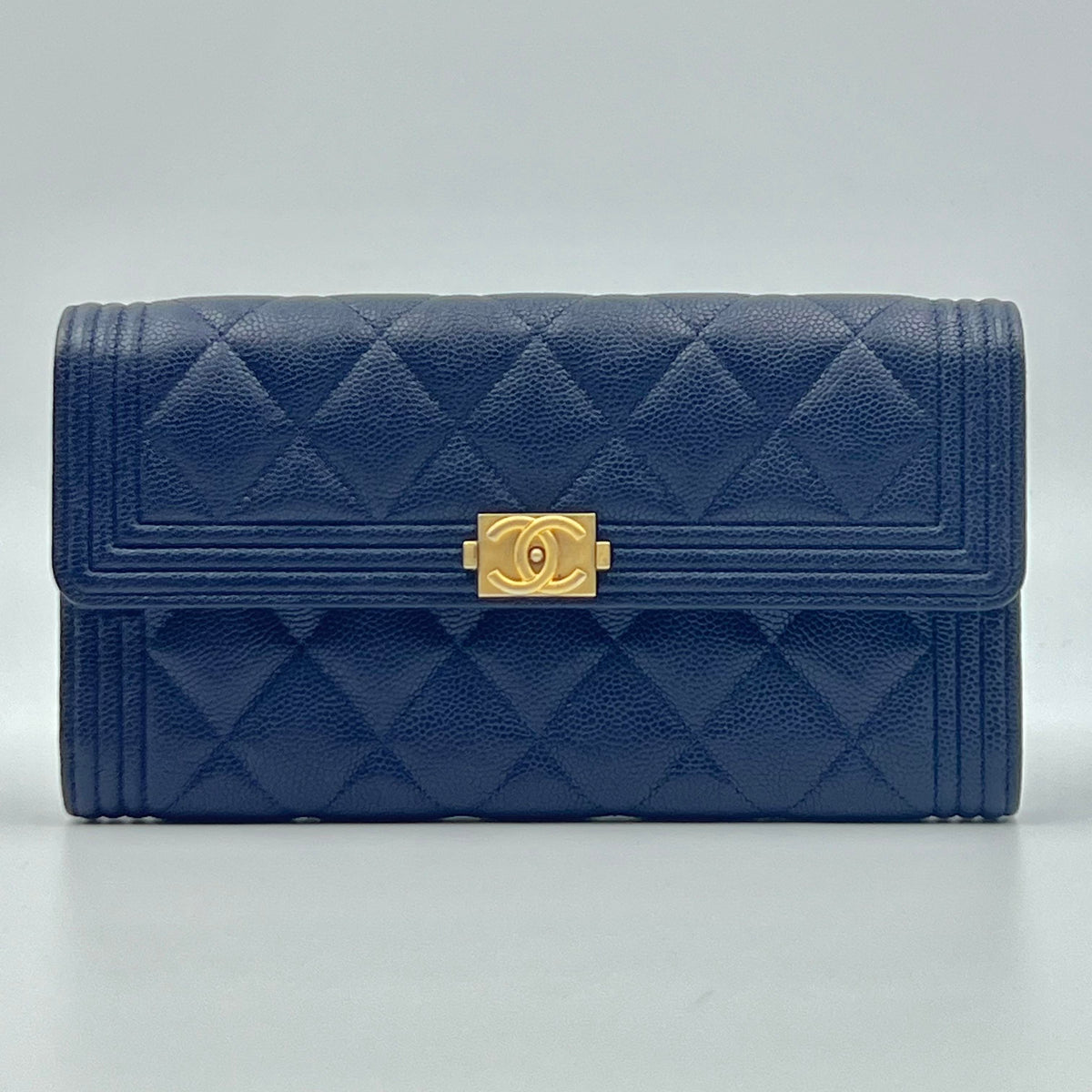 Chanel Boy Quilted Caviar Long Flap Wallet Navy with Gold Hardware