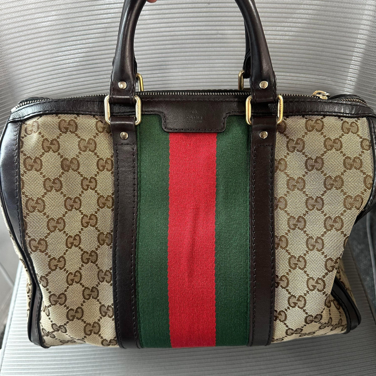 Gucci GG Canvas Boston Bag with Web Stripe