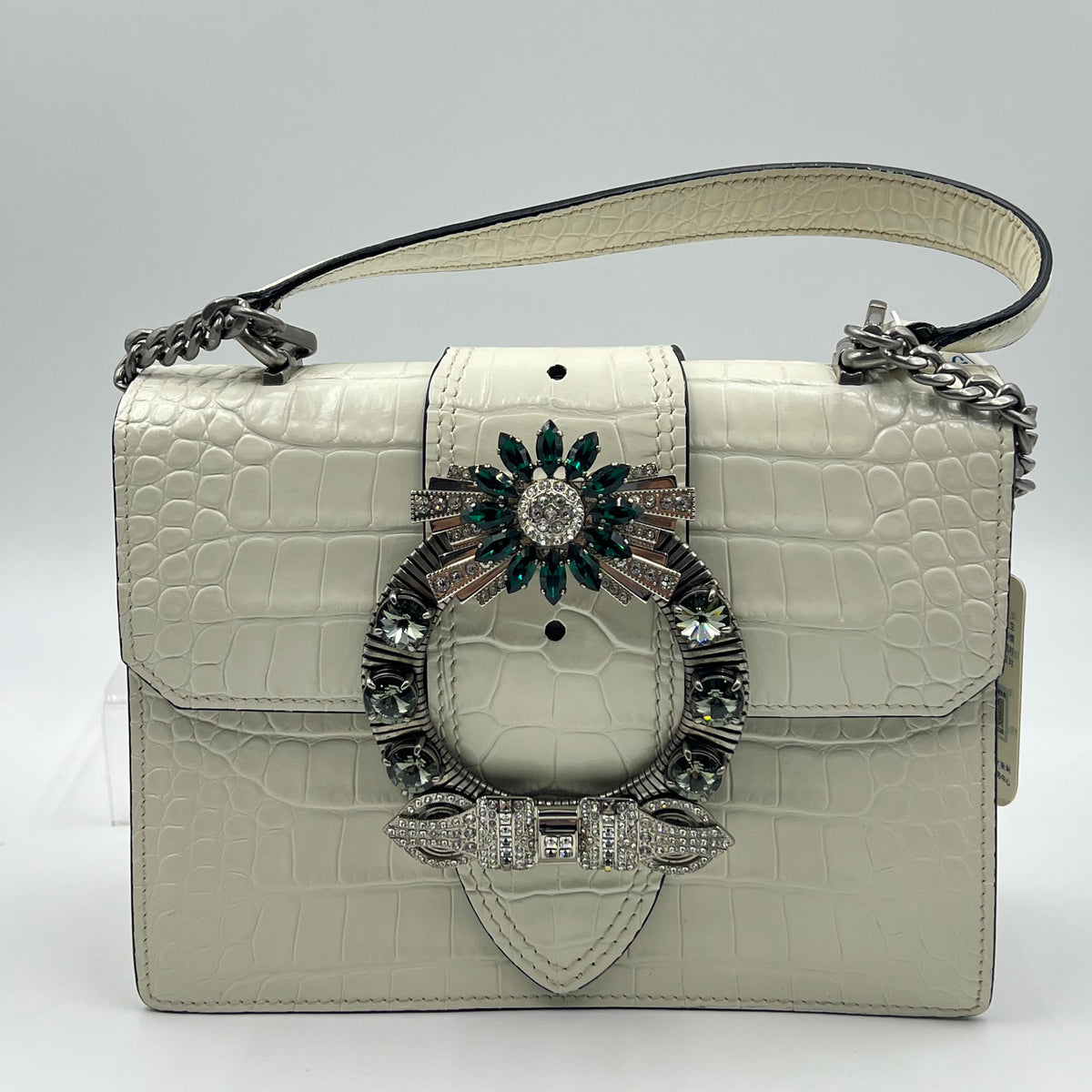 Miu Miu Lady Croc-Embossed Bag White with Crystal Buckle