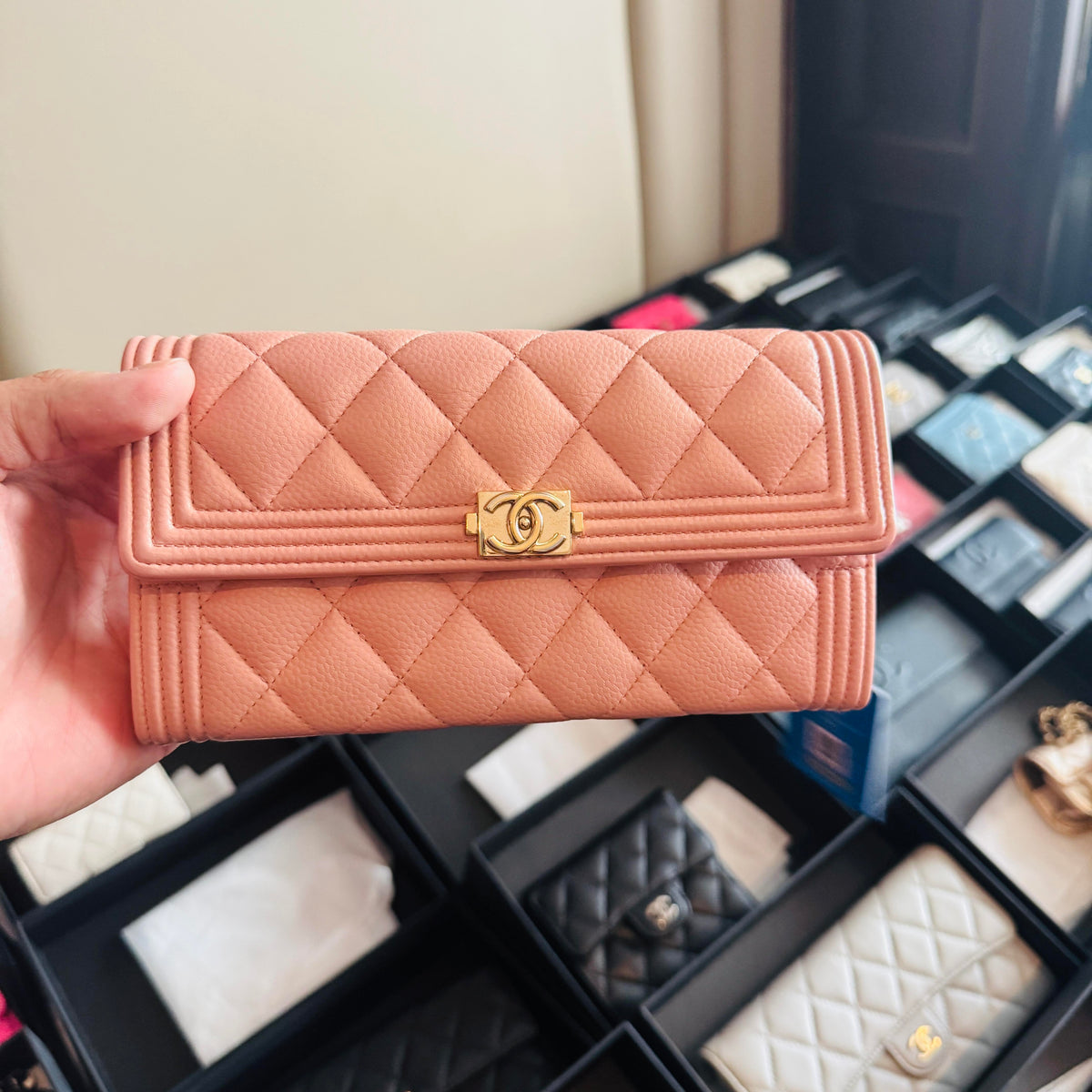 Chanel Boy Quilted Caviar Long Flap Wallet Pink with Gold Hardware