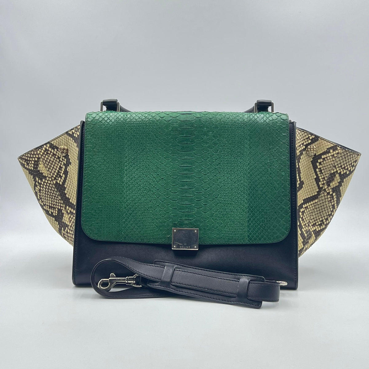 Celine Trapeze Bag Green and Black with Snakeskin-Effect Panels