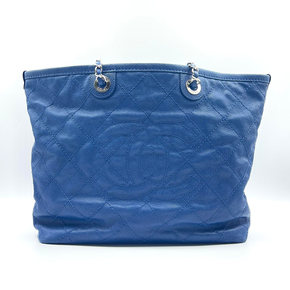 Chanel Quilted Caviar Tote Bag Blue with Silver-Tone Hardware