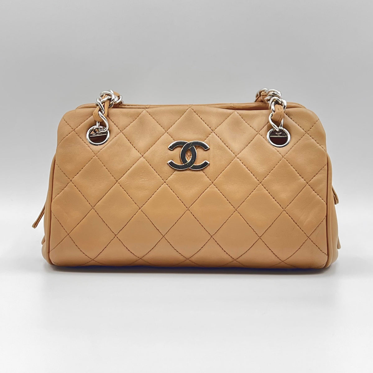 Chanel Quilted Bowling Bag in Beige Lambskin
