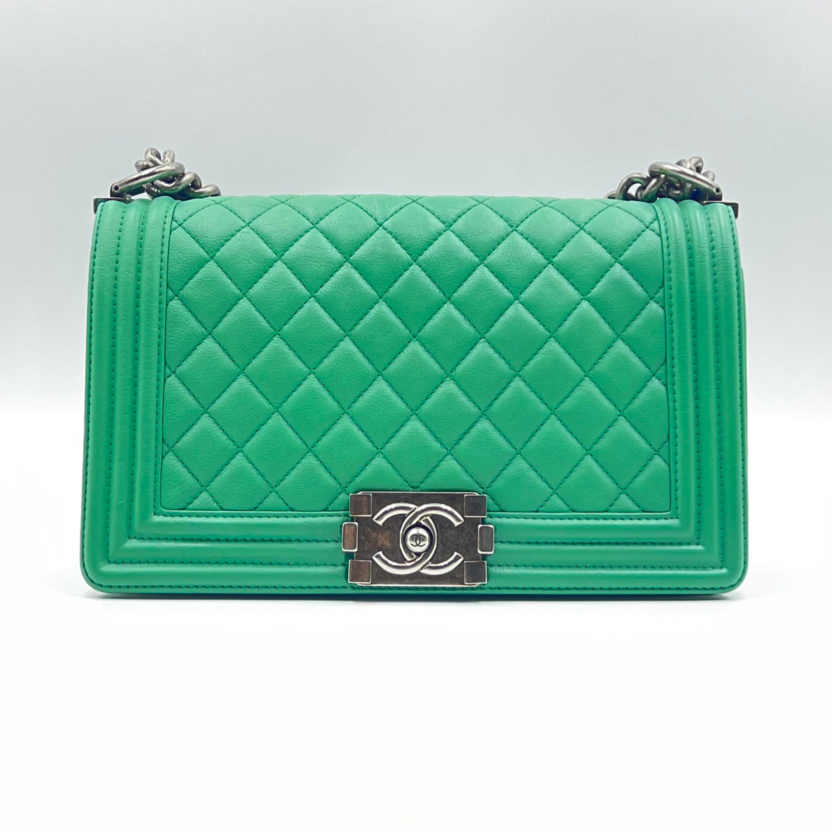 Chanel Boy Diamond-Quilted Flap Bag Green with Silver Hardware