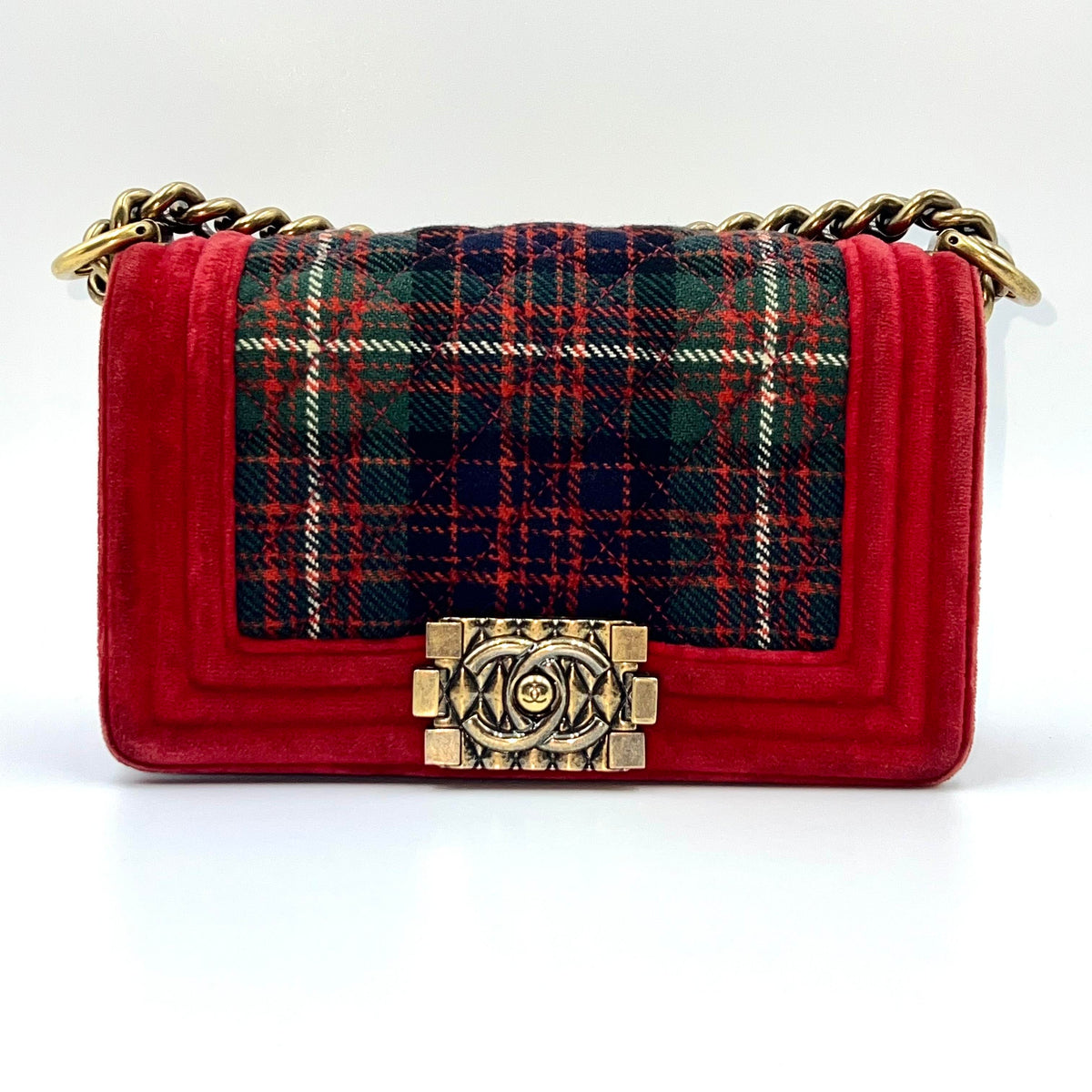 Chanel Boy Plaid Velvet Flap Bag Red with Gold-Tone Hardware — view 1 of 1 Boy Plaid Velvet Flap Bag Red with Gold-Tone Hardware, view 1 of 1