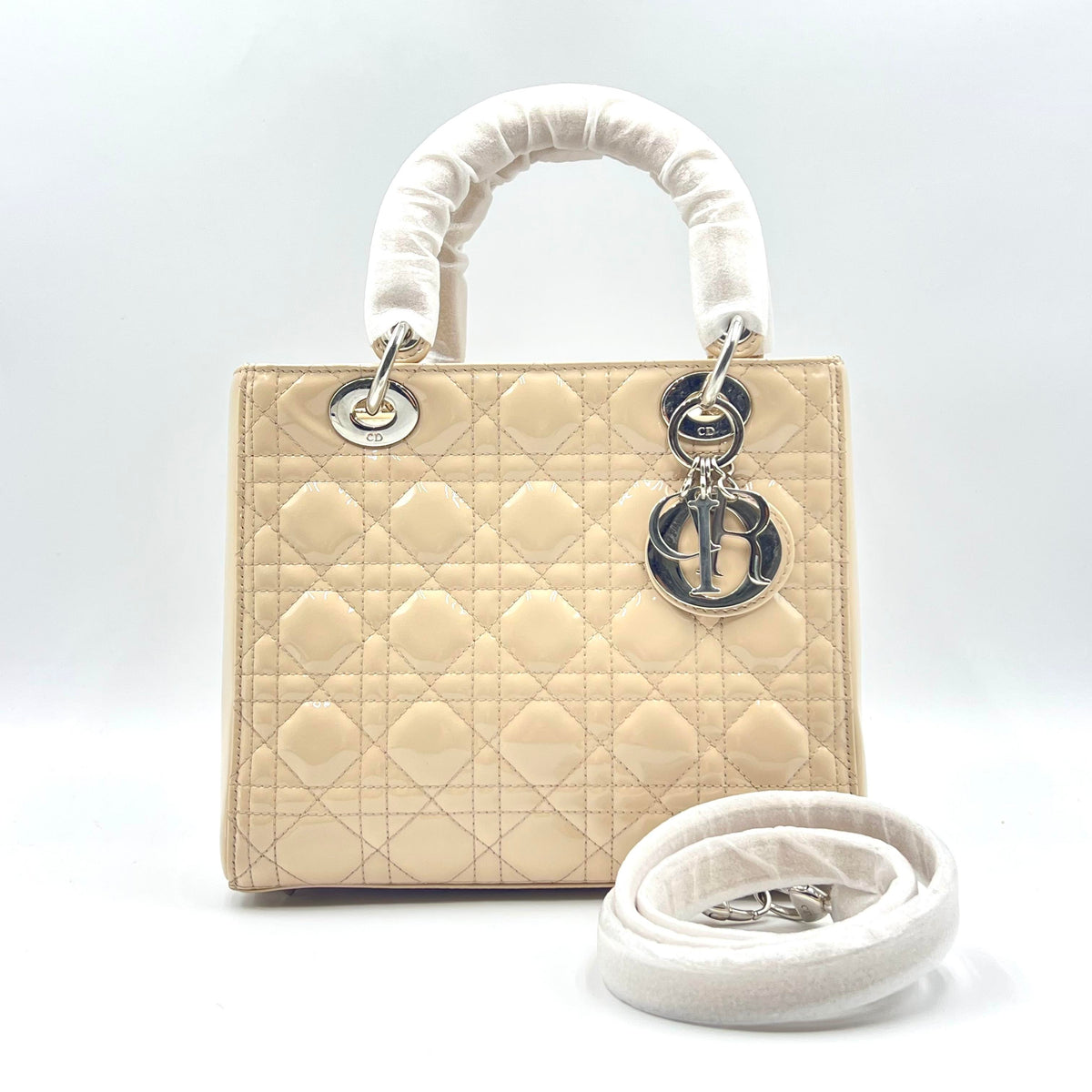 Dior Lady Dior Cannage Patent Bag Beige with Silver-Tone Hardware — view 1 of 1 Lady Dior Cannage Patent Bag Beige with Silver-Tone Hardware, view 1 of 1