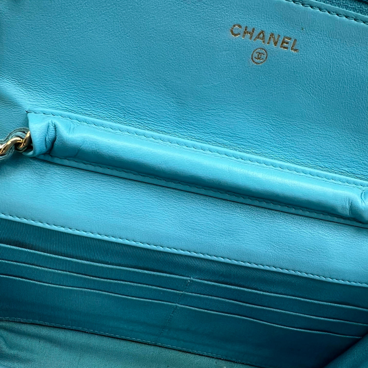 Chanel Quilted Wallet on Chain Turquoise with Gold-Tone Hardware — view 2 of 5 Quilted Wallet on Chain Turquoise with Gold-Tone Hardware, view 2 of 5