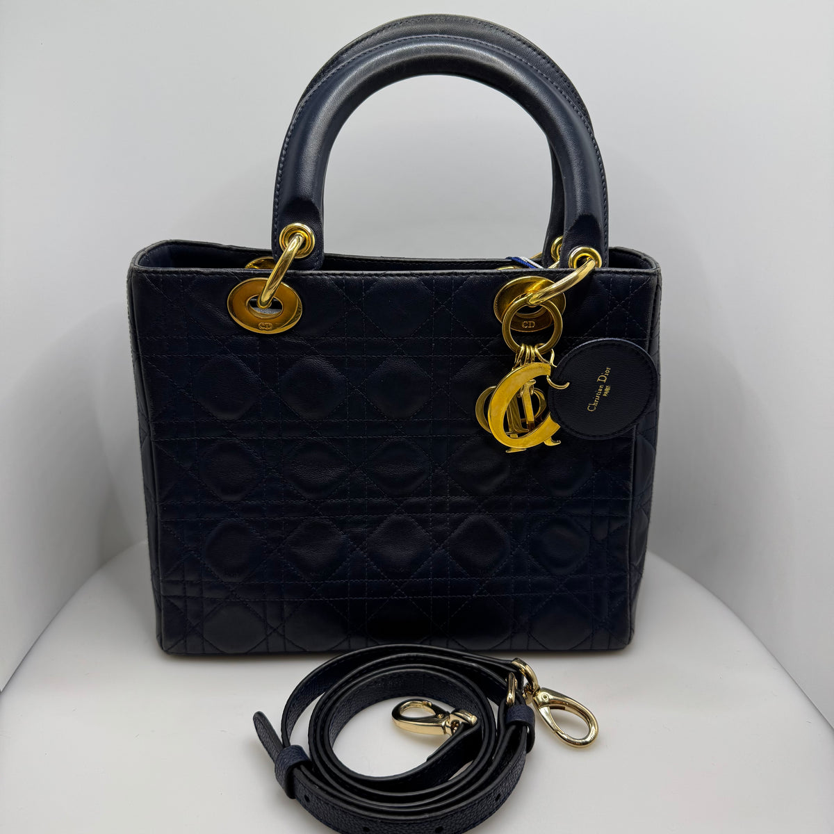 Pre-owned Dior Lady Dior Medium Cannage Bag (Blue/Gold Hardware) — view 1 of 10 Pre-owned Dior Lady Dior Medium Cannage Bag (Blue/Gold Hardware), view 1 of 10