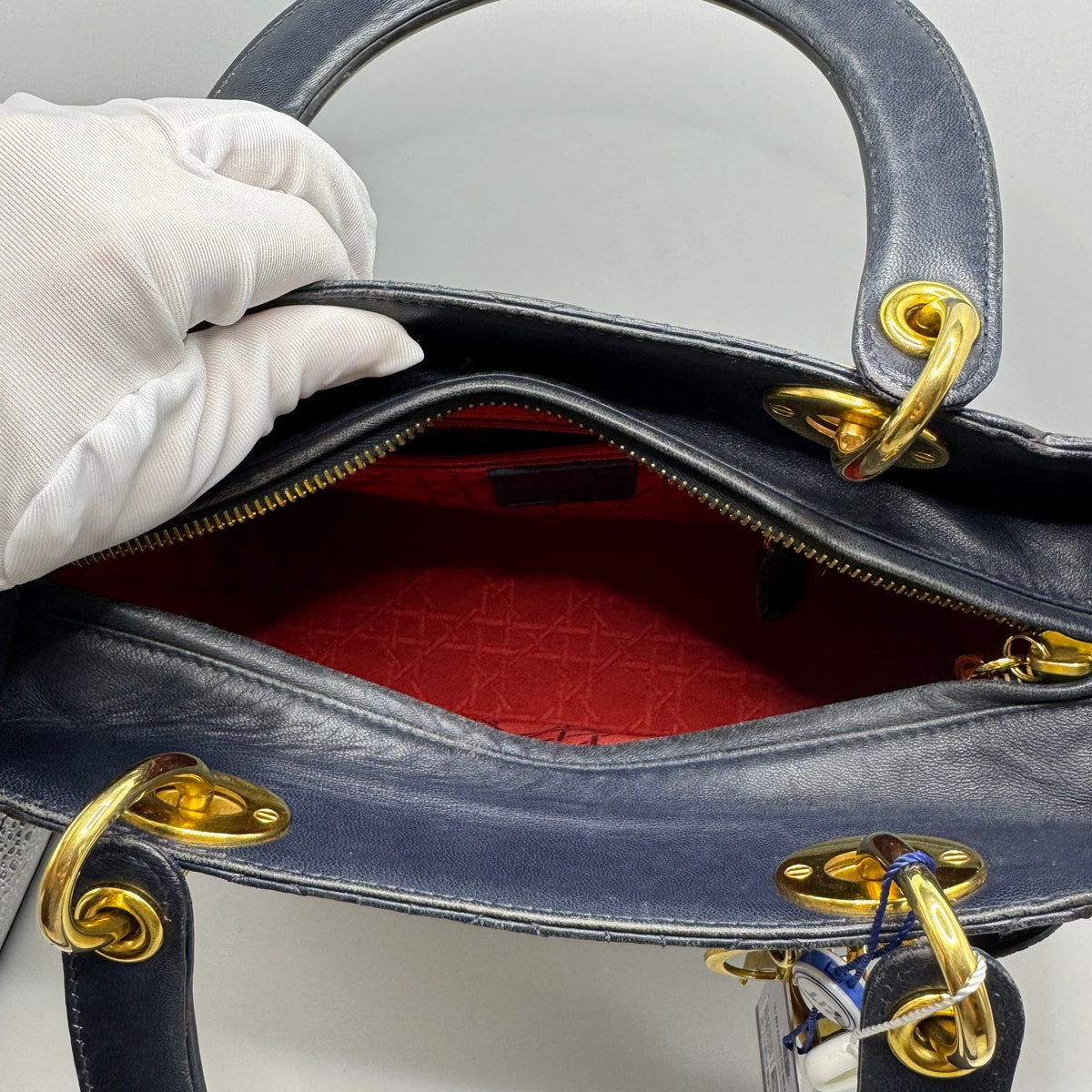 Pre-owned Dior Lady Dior Medium Cannage Bag (Blue/Gold Hardware) — view 5 of 10 Pre-owned Dior Lady Dior Medium Cannage Bag (Blue/Gold Hardware), view 5 of 10