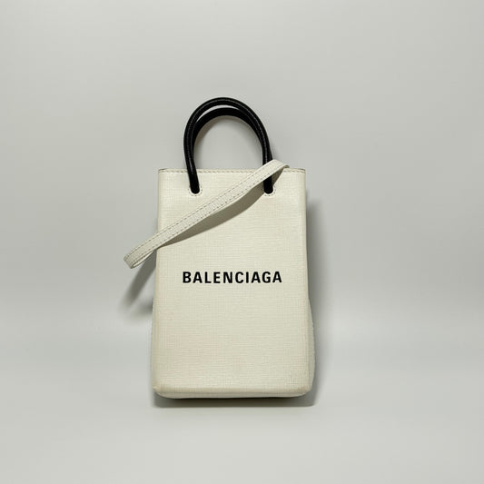 Squared Calfskin Logo Shopping Phone Holder Bag White
