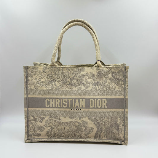 Canvas Medium Dior Book Tote Ecru and Gray Toile de Jouy Embroidery