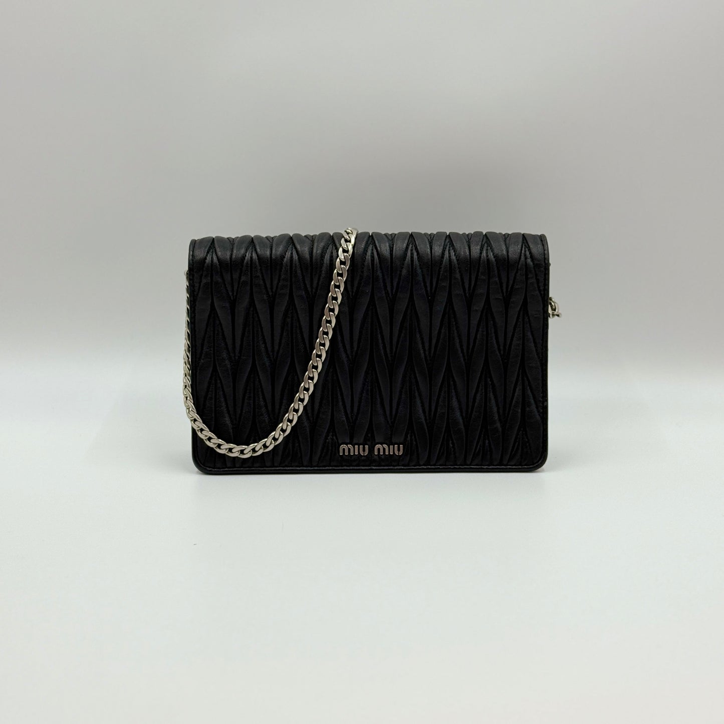 Black Matelasse Leather Flower Embellished Wallet on Chain