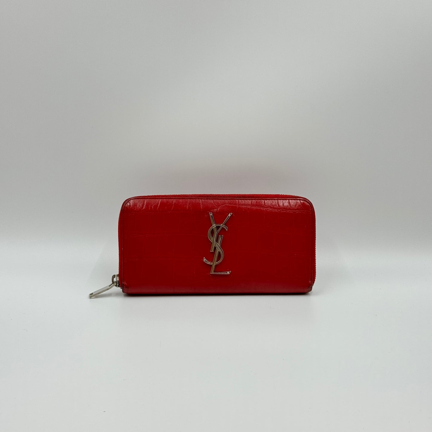 Red Croc Embossed Leather Zippy Wallet