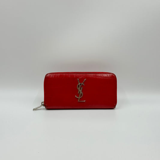 Red Croc Embossed Leather Zippy Wallet