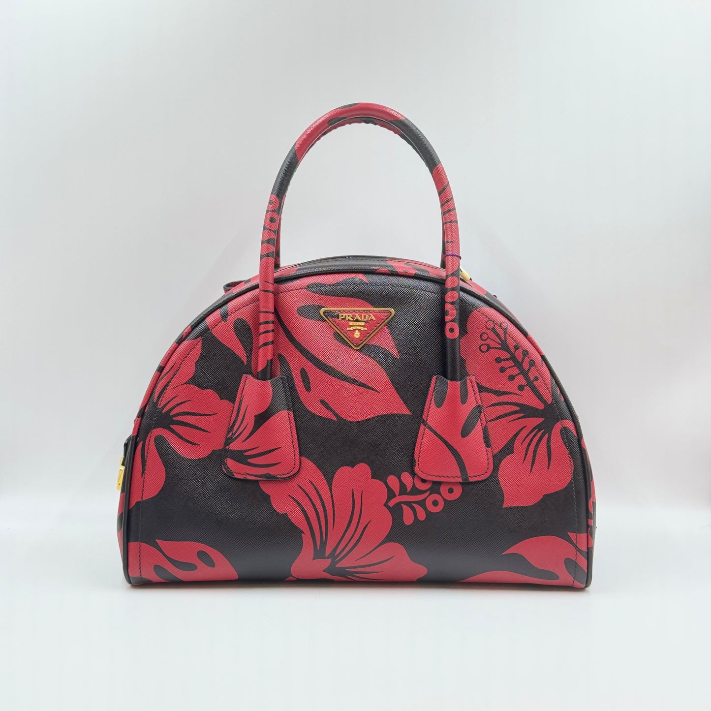 Saffiano Hibiscus Print Bowling Bag Rosso