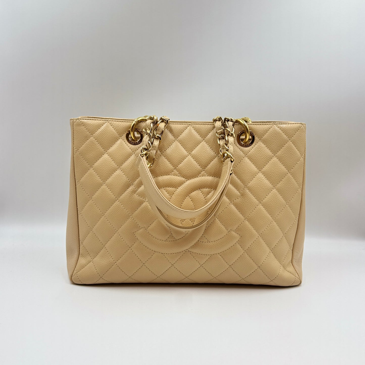 Grand Shopping Tote Quilted Caviar Beige Gold Hardware