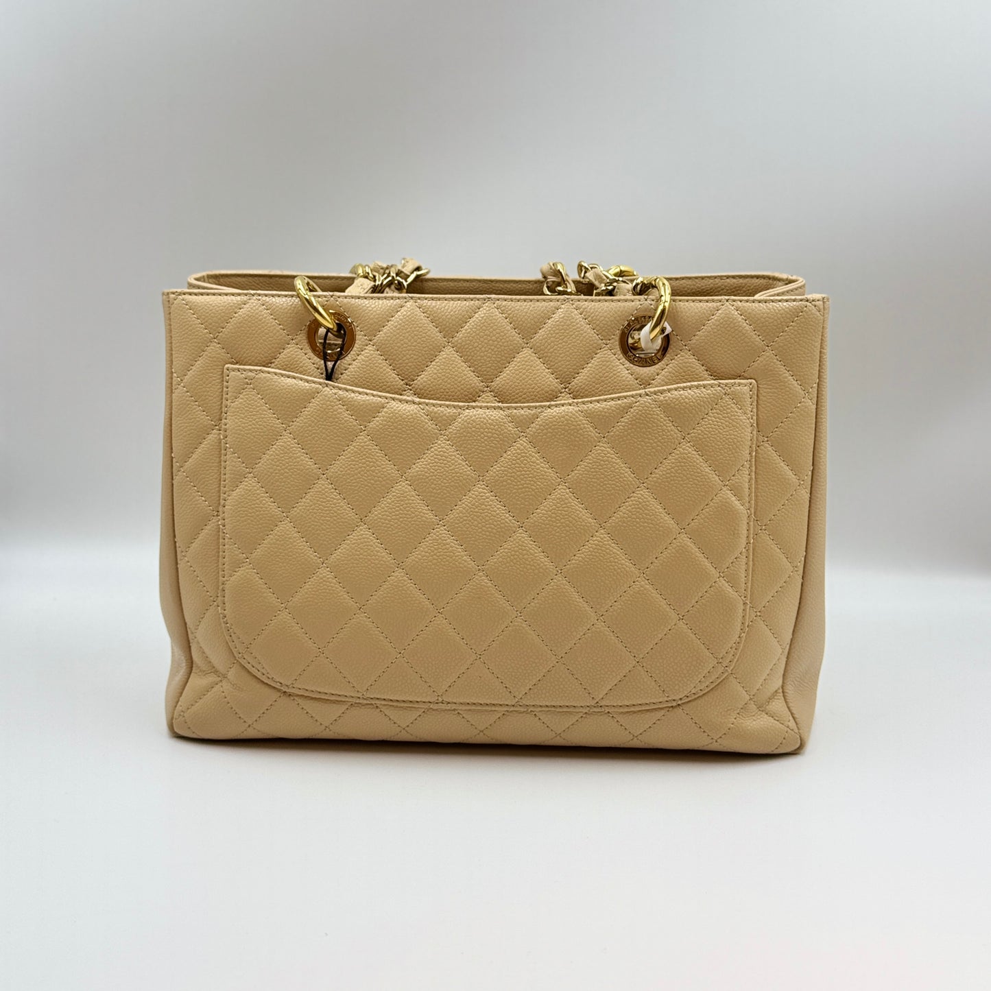 Grand Shopping Tote Quilted Caviar Beige Gold Hardware