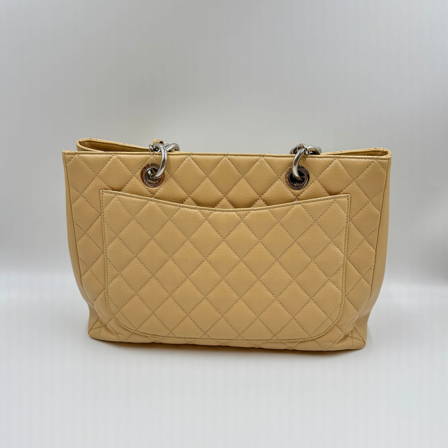 Grand Shopping Tote Quilted Caviar Beige Silver Hardware
