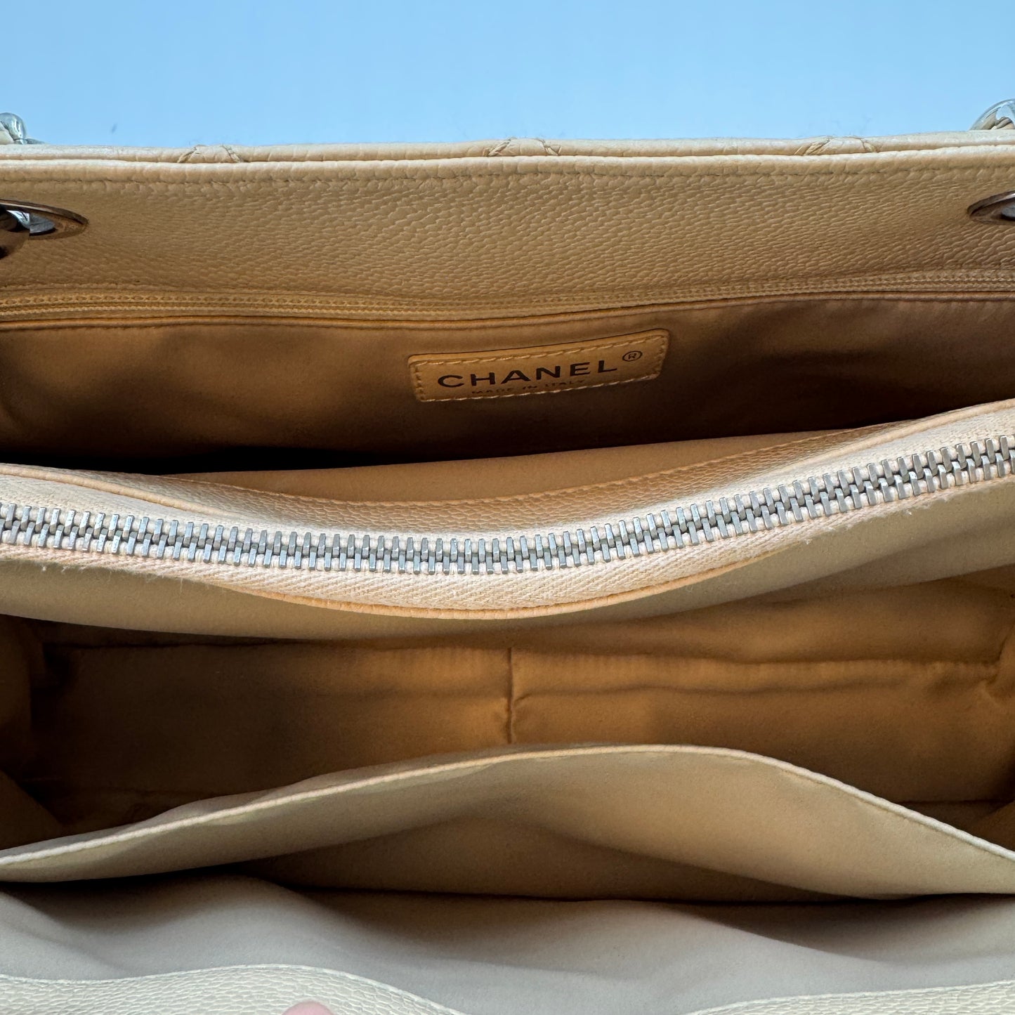 Grand Shopping Tote Quilted Caviar Beige Silver Hardware