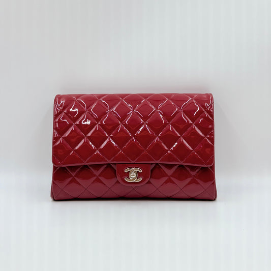Patent Quilted Clutch With Chain Flap Red