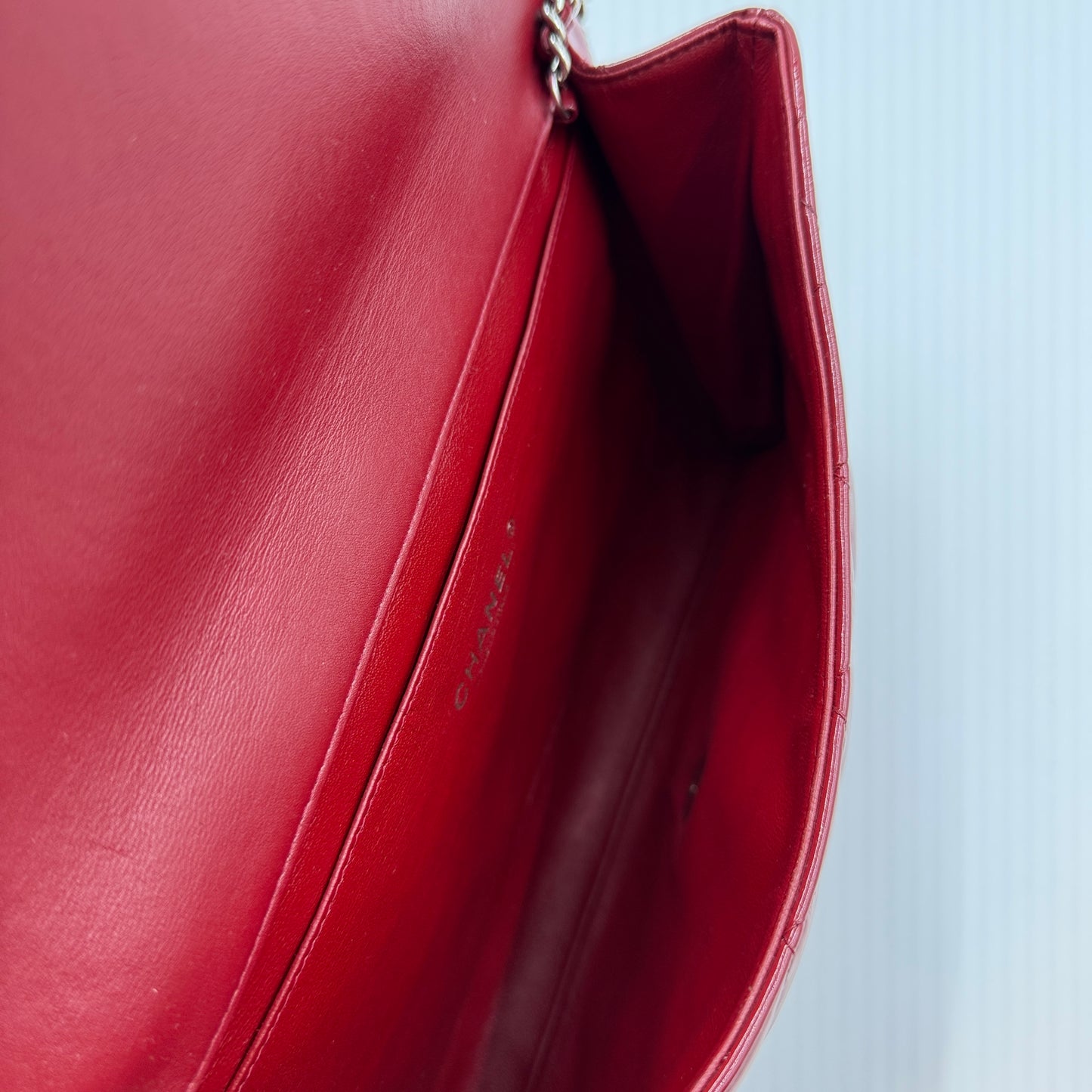Patent Quilted Clutch With Chain Flap Red