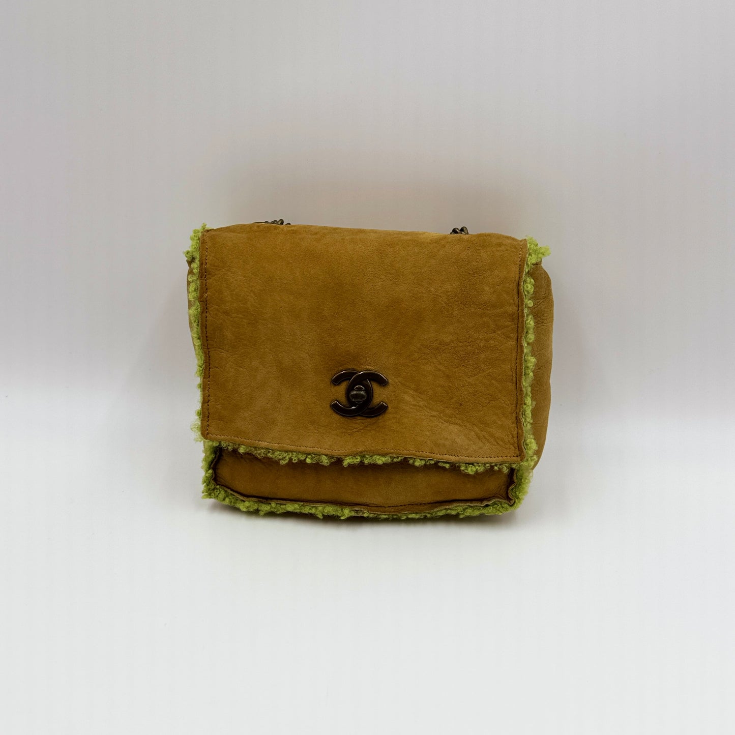 Chanel Brown Suede and Shearling CC Square Crossbody Caramel