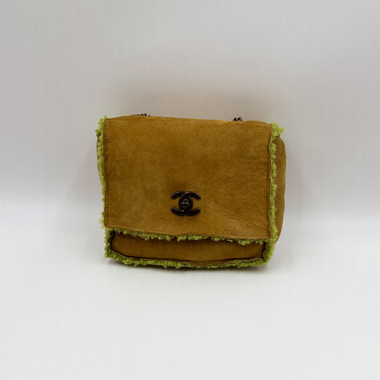Chanel Brown Suede and Shearling CC Square Crossbody Caramel