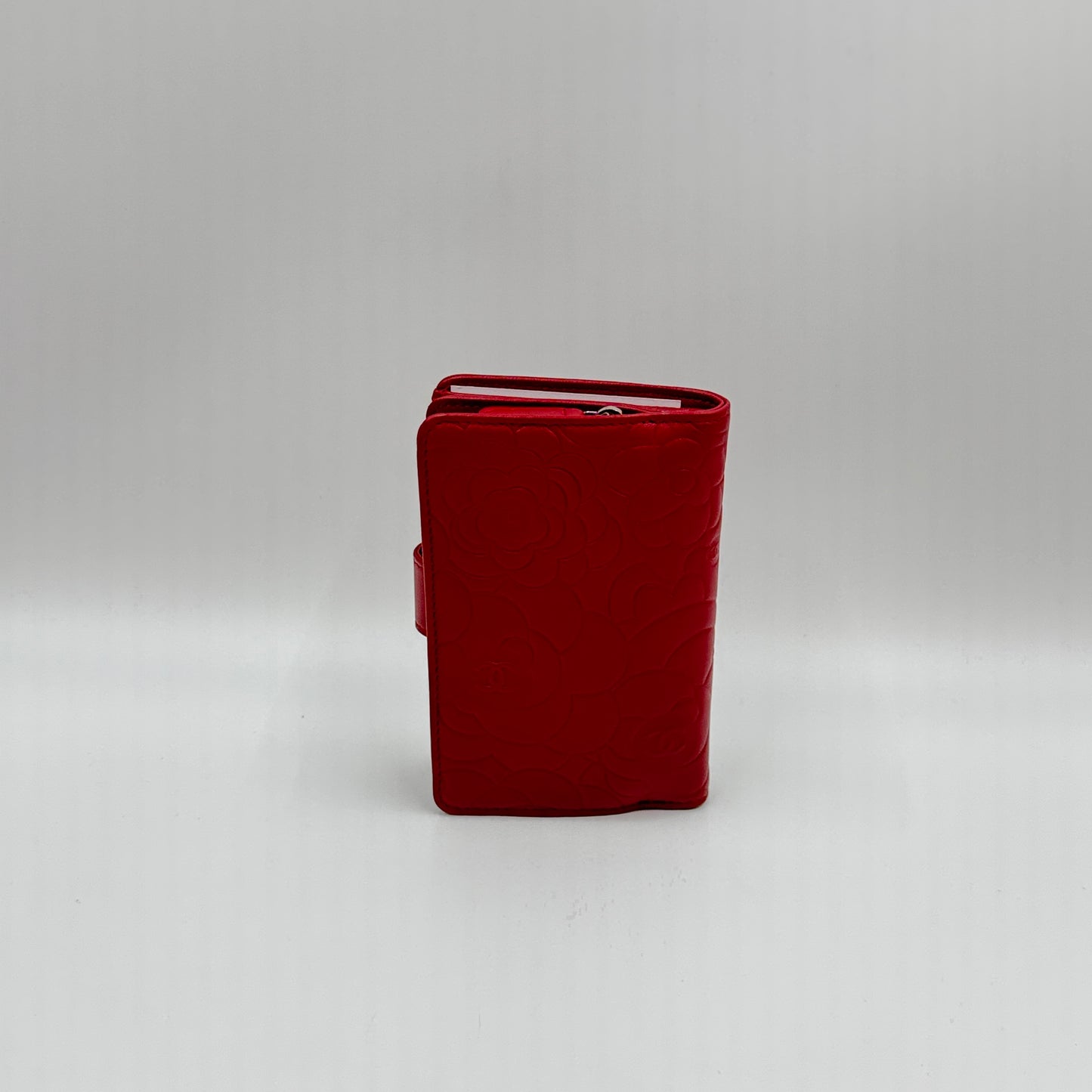 Lambskin Camellia Embossed Zipped Pocket Wallet Red