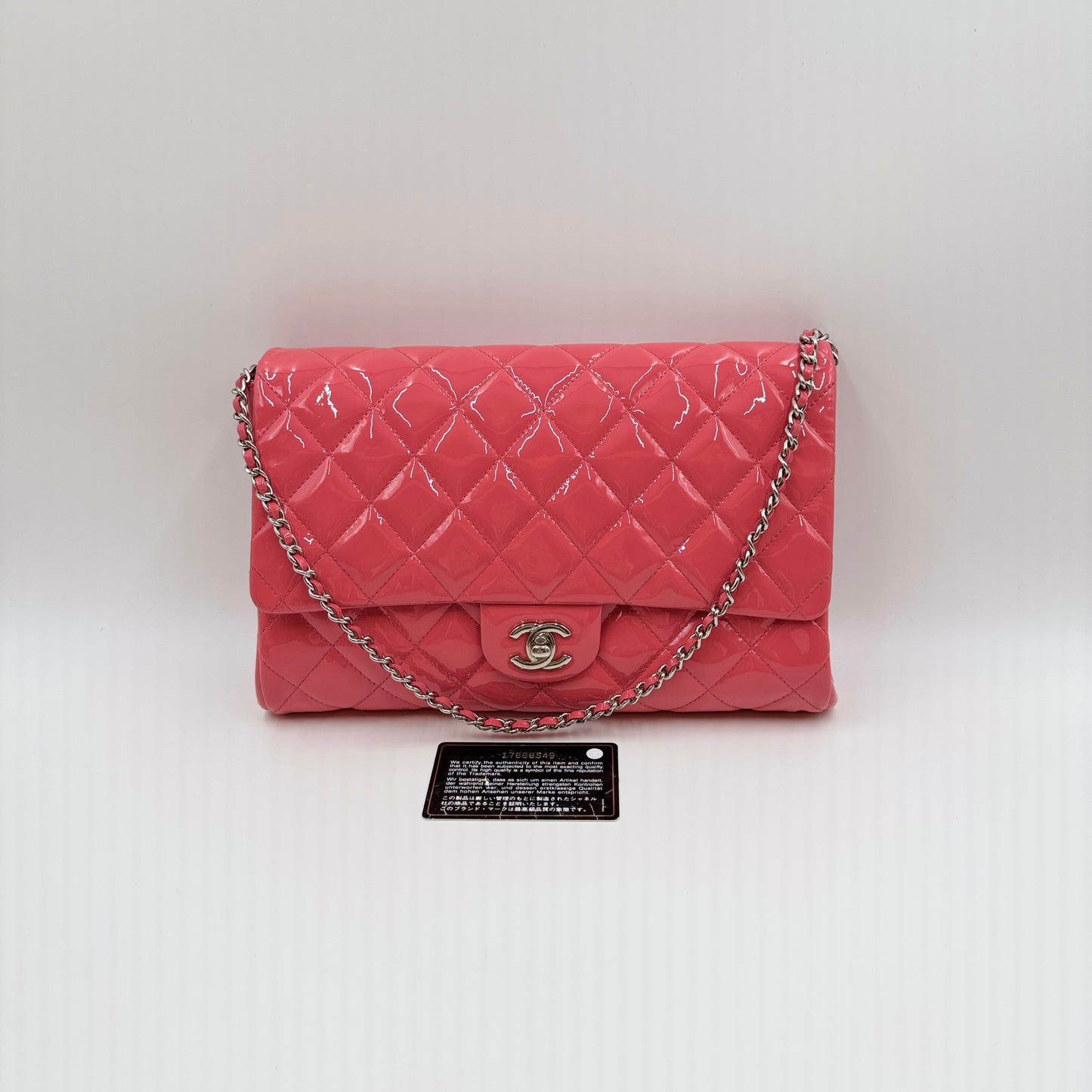 Patent Quilted Clutch with Chain Flap
