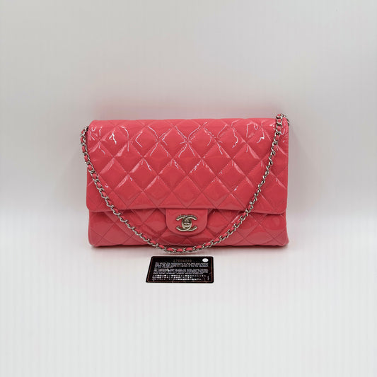 Patent Quilted Clutch with Chain Flap