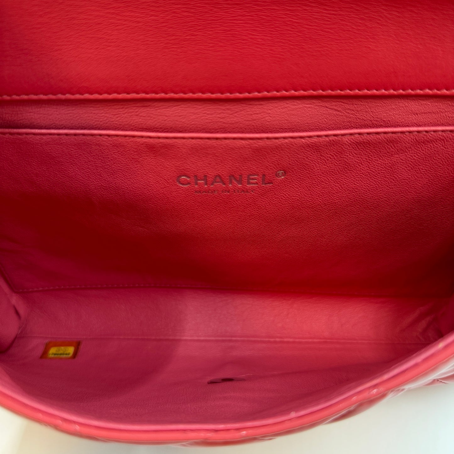 Patent Quilted Clutch with Chain Flap