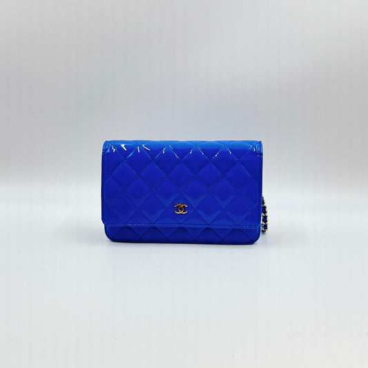 Patent Quilted Wallet On Chain WOC Blue