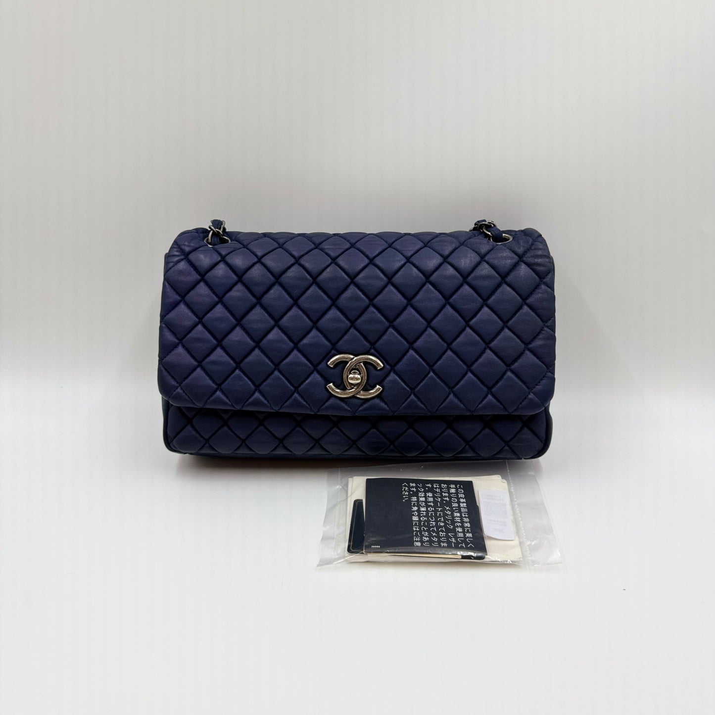 Iridescent Calfskin Quilted Large New Bubble Flap Navy