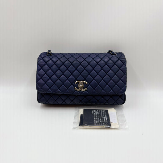 Iridescent Calfskin Quilted Large New Bubble Flap Navy