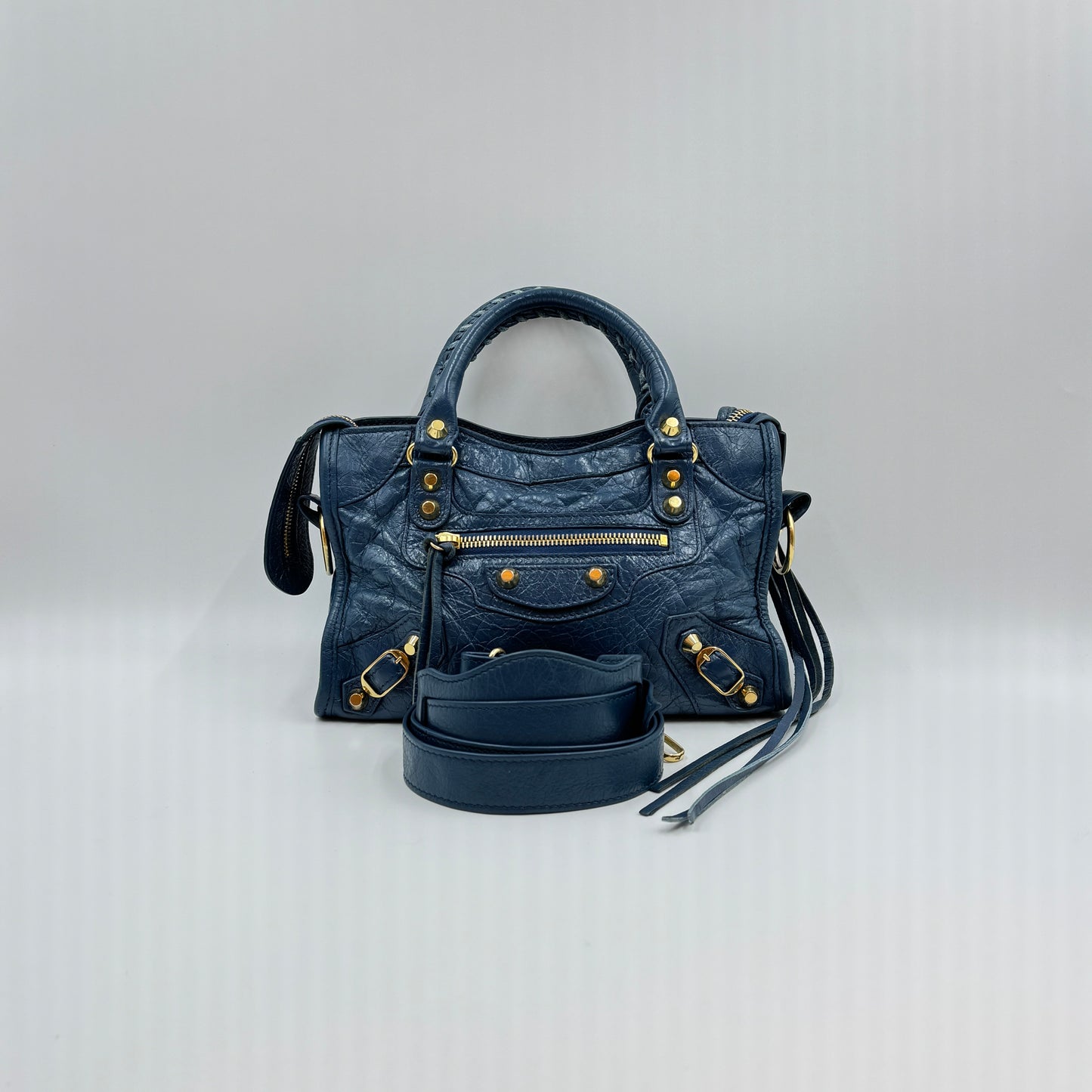 City Classic Metallic Edge Bag Leather Mini Blue Gold Hardware