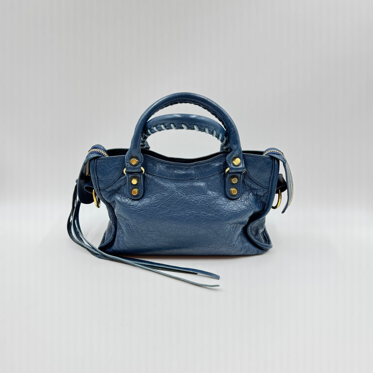 City Classic Metallic Edge Bag Leather Mini Blue Gold Hardware