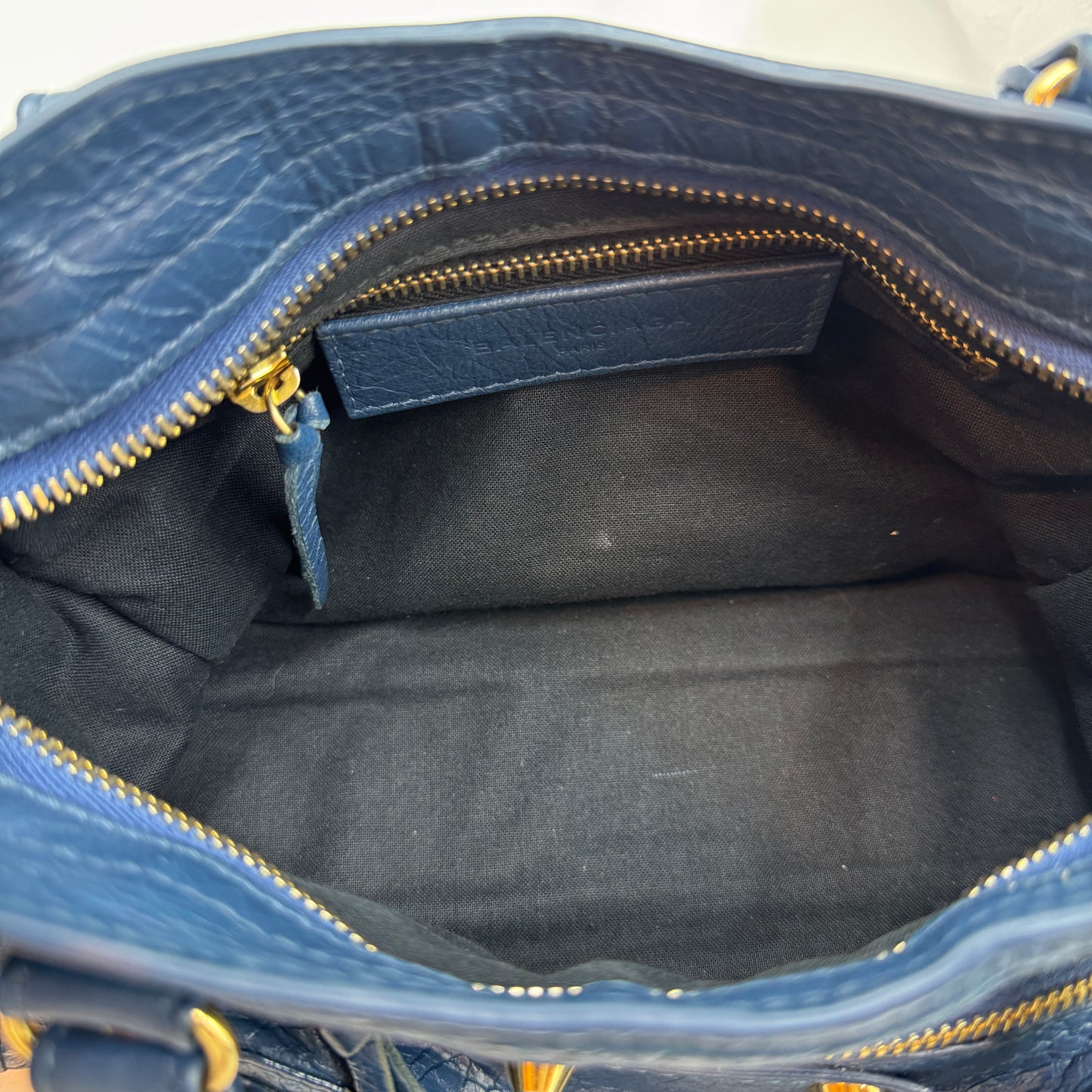 City Classic Metallic Edge Bag Leather Mini Blue Gold Hardware