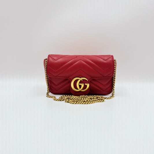 Calfskin Matelasse Super Mini GG Marmont Shoulder Bag Hibiscus Red