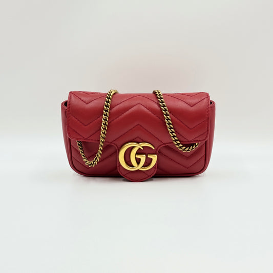 Calfskin Matelasse Super Mini GG Marmont Shoulder Bag Hibiscus Red