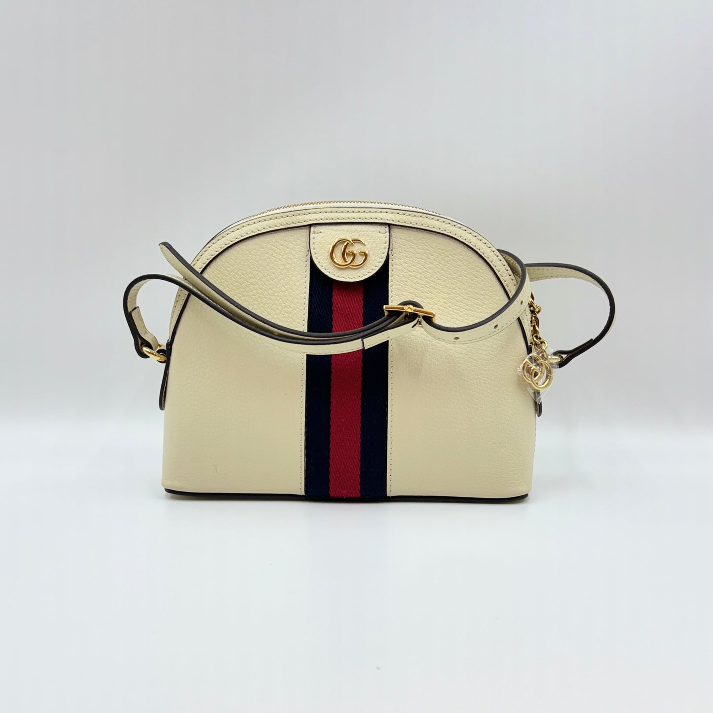 Textured Dollar Calfskin Web Small Ophidia Dome Shoulder Bag Mystic White