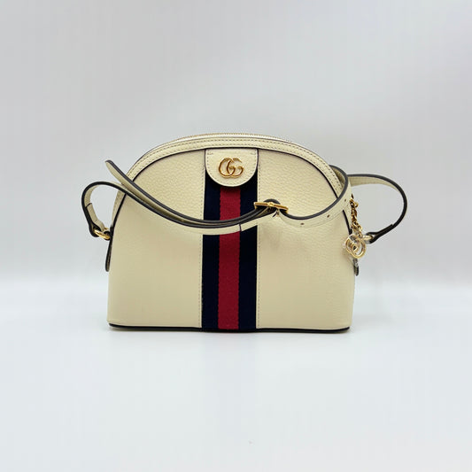 Textured Dollar Calfskin Web Small Ophidia Dome Shoulder Bag Mystic White