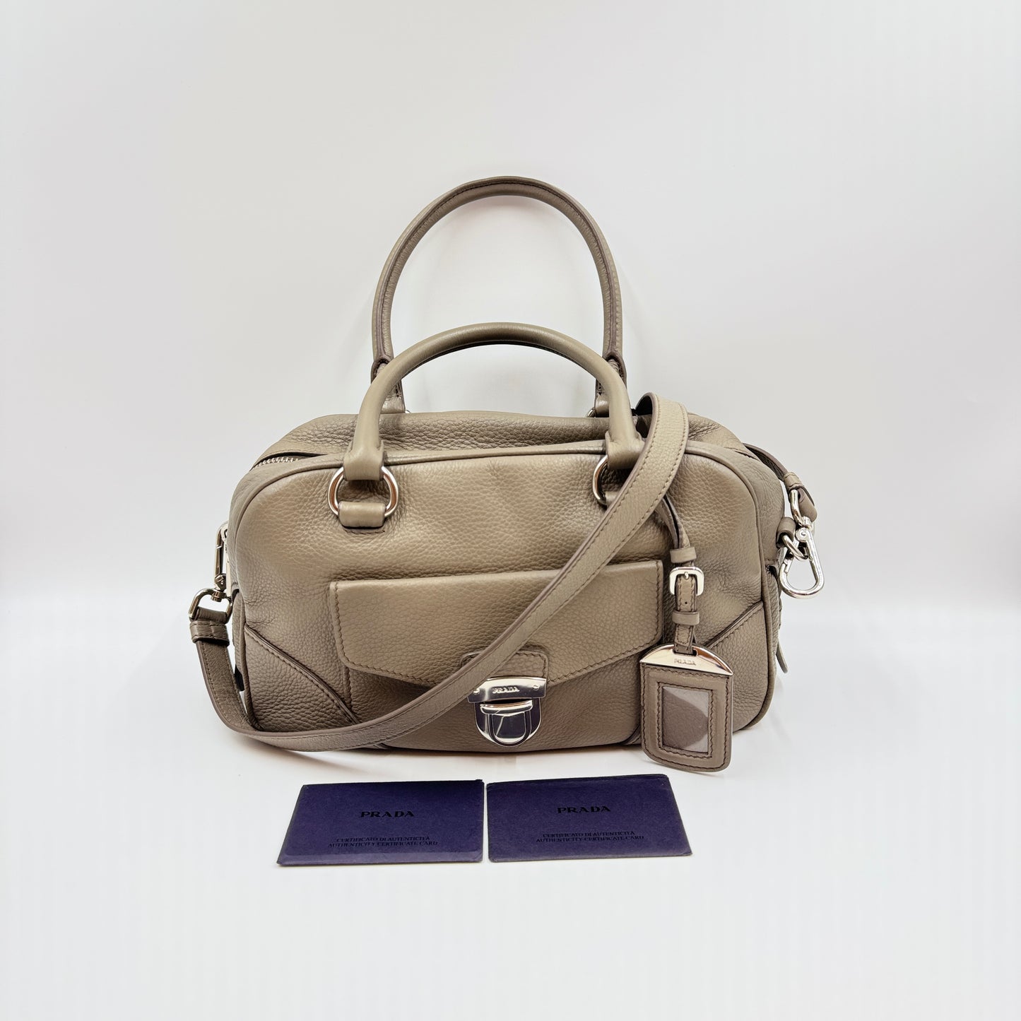 Prada Grey Vitello Daino Front Pocket Boston