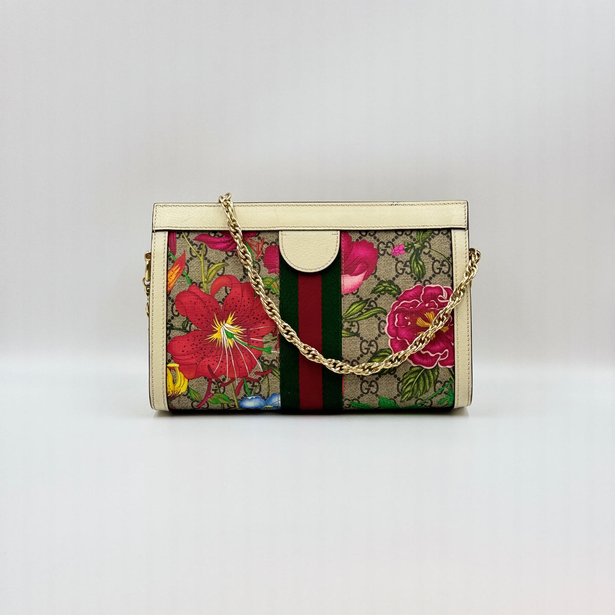 Gucci GG Supreme Monogram Flora Web Small Ophidia Chain Shoulder Bag White — view 2 of 9 GG Supreme Monogram Flora Web Small Ophidia Chain Shoulder Bag White, view 2 of 9
