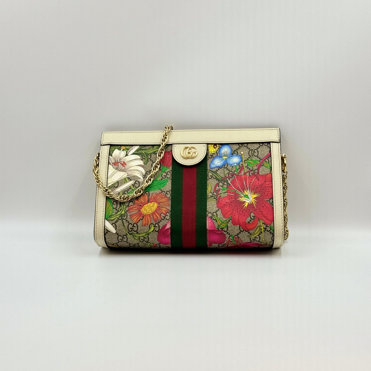 Gucci GG Supreme Monogram Flora Web Small Ophidia Chain Shoulder Bag White
