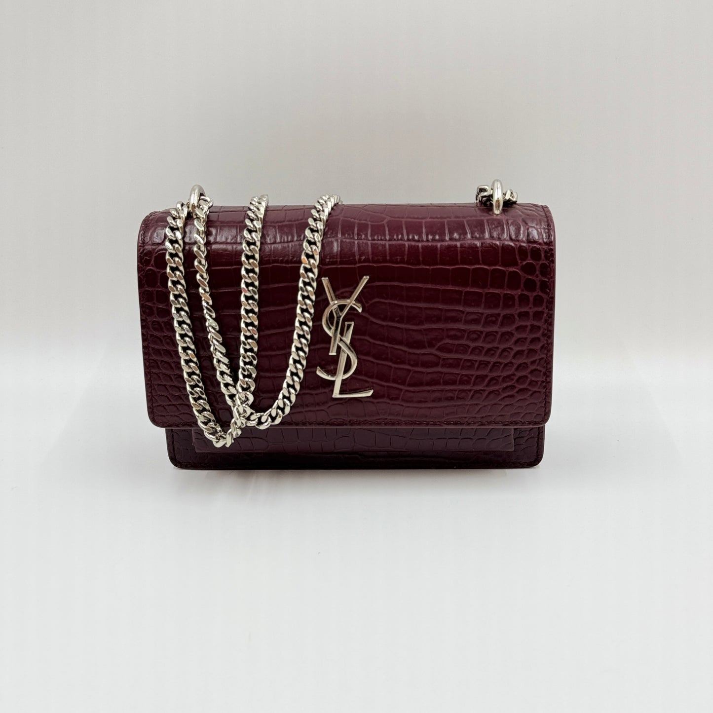 Calfskin Crocodile Embossed Monogram Sunset Chain Wallet Rouge Legion