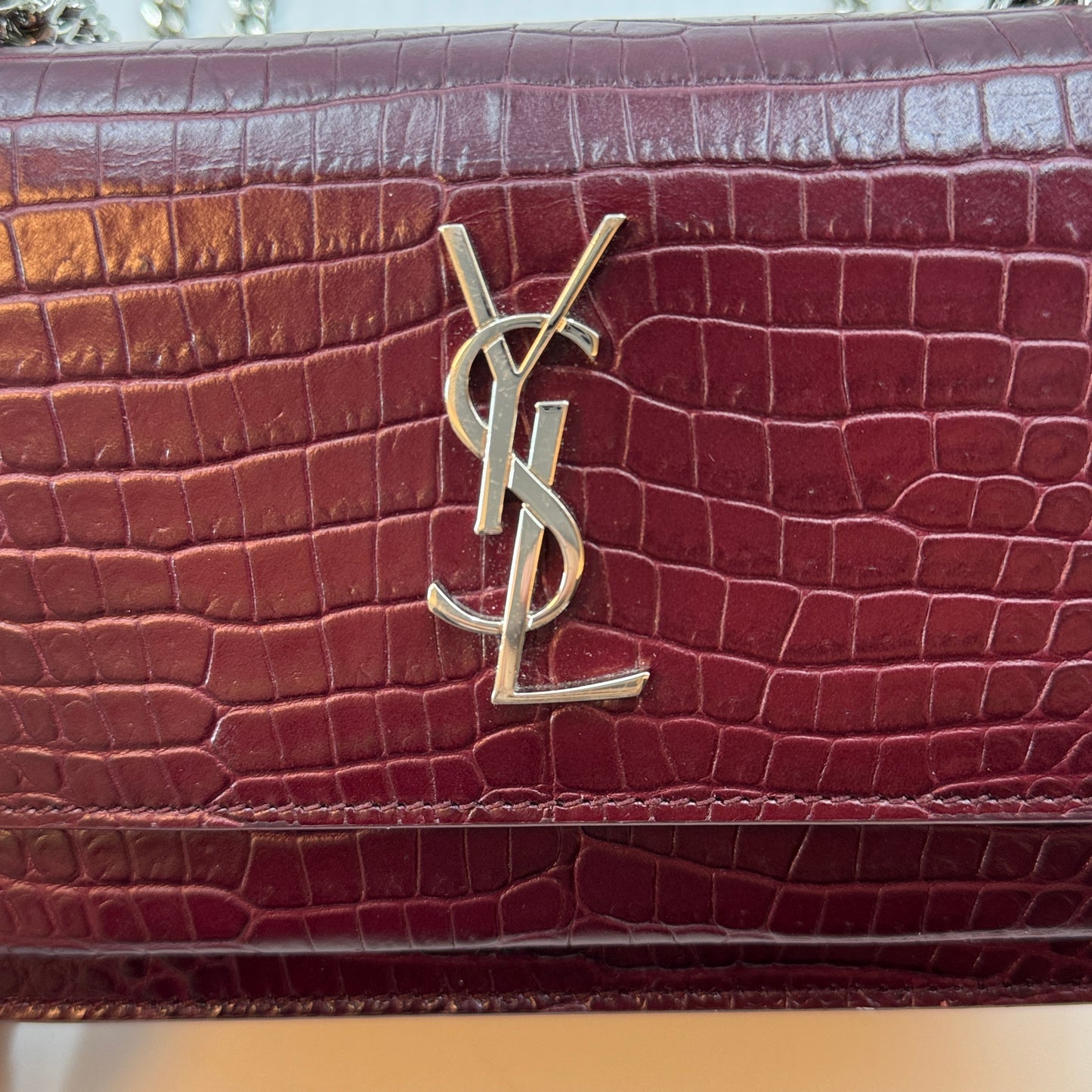 Calfskin Crocodile Embossed Monogram Sunset Chain Wallet Rouge Legion
