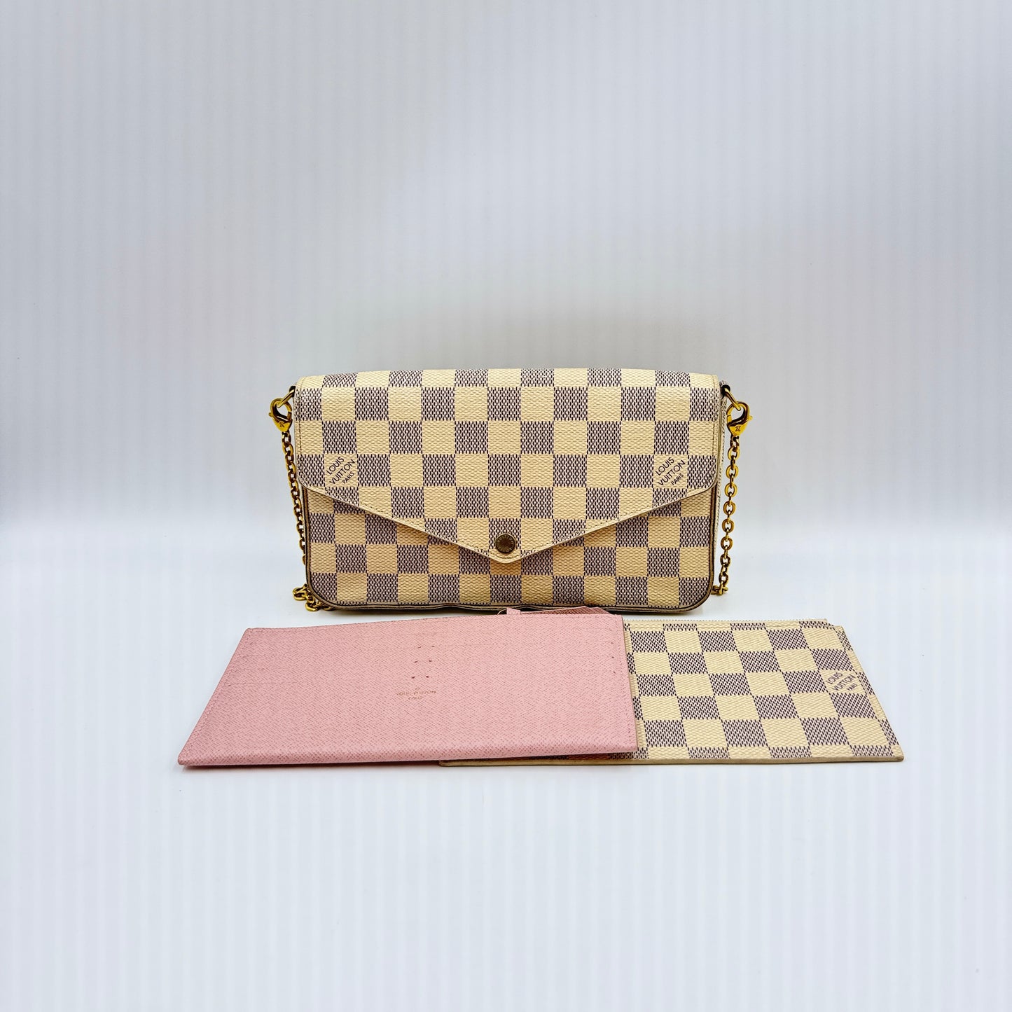 Damier Azur Pochette Felicie Chain Wallet Rose Ballerine