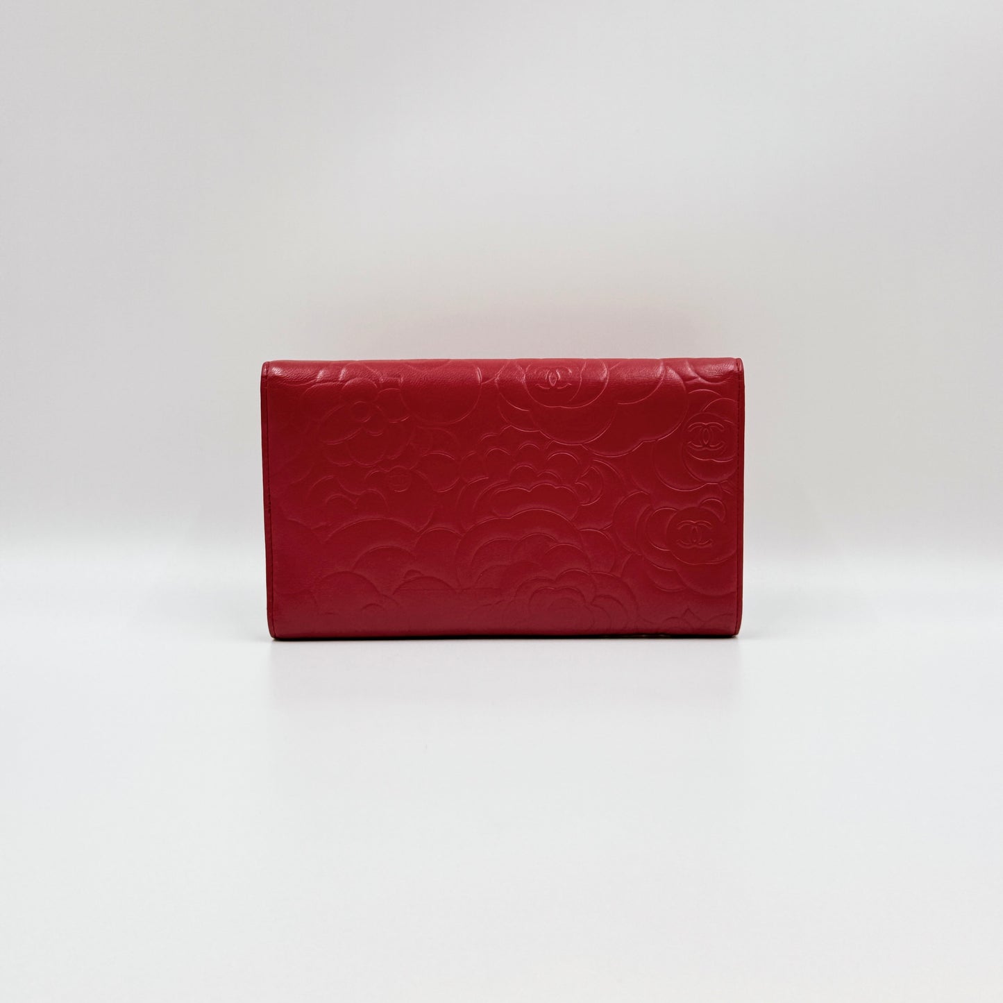Lambskin Camellia Embossed Large Gusset Flap Wallet Red